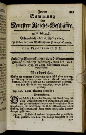 21tes Stuck. Schwabach, den 6. April, 1757.