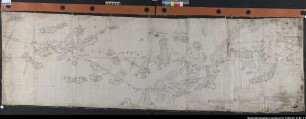 Grenze gegen Tecklenburg und Lingen von Weese-Halverde bis Grafeld-Wettrup. 1617 (1657) Die beiderseits beanspruchten Grenzlinien mit Geländestreifen. Darin Burg Lonne und Fürstenau in bildhafter Schrägaufsicht. Höfe in typisierender Ansicht. Hof- und Flurnamen. Ausf.-Art: Zeichnung, Kopie Herst.: Corfey, Joh. Hamelmann, Egbert Wantscher Format: 73 x 234 cm Maßstab: 1 : 10 - 12000 (in Ketten zu je 5 Roeden von 15 Holtz-Fuß)