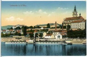 Leitmeritz. Blick über die Elbe mit Dampfer "Bastei" zum Burgberg mit Dom