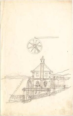 Thiersch, August ; Reiseskizzen - Haus mit Wasserrad (Ansicht)