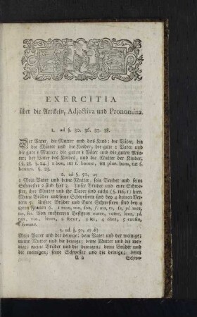 Exercitia über die Artikeln, Adjectiva und Pronomina.
