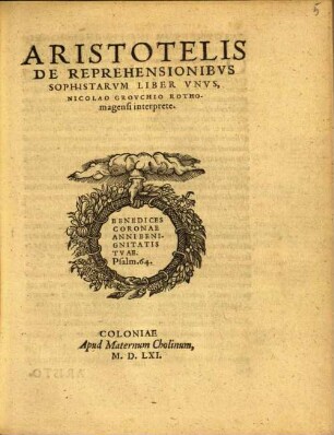 Aristotelis// De Reprehensionibvs// Sophistarvm : Liber Vnvs,//