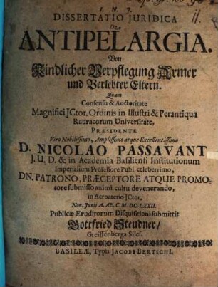 Dissertatio Juridica De Antipelargia : = Von Kindlicher Verpflegung Armer und Verlebter Eltern
