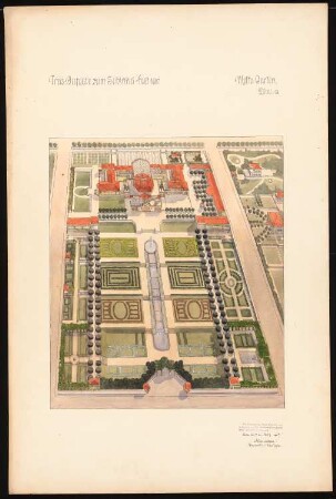 Ausstellungsgebäude für eine Gartenbaugesellschaft Schinkelwettbewerb 1907: Perspektivische Ansicht (Vogelschau)