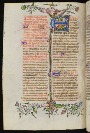 Initiale E mit Bordürenstäben und Fadenranken