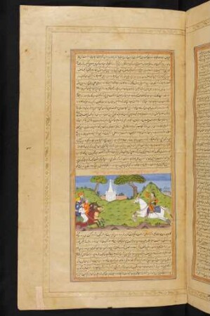 Illustration: Pūrānduḫt reitet mit geschwungener Keule gegen das indische Heer