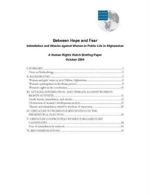 Between hope and fear : intimidation and attacks against women in public life in Afghanistan