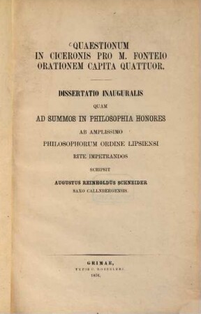 Quaestionum in Ciceronis pro M. Fonteio orationem capita quattuor : Diss. inaug.