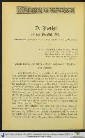 D. Predigt auf das Pfingstfest 1887.