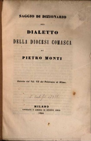 Saggio di Dizionario del Dialetto della Diocesi Comasca : Estratto dal. Vol. VII. de Politecnico di Milano