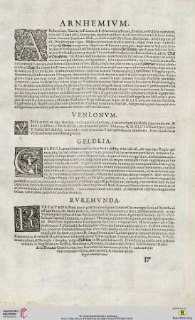 Arnhemium (Arnheim) / Venlonum (Venlo) / Geldria (Gelderland) / Ruremunda (Roermond)