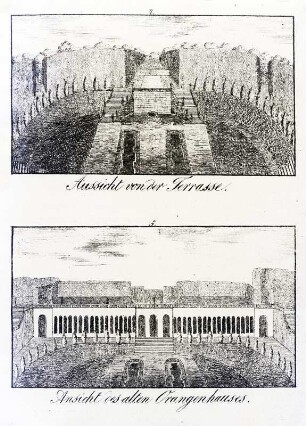 Das königliche Schloss Gross-Sedlitz : Aussicht von der Terasse / Ansicht des alten Orangenhauses