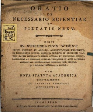 Oratio De Necessario Scientiae Et Pietatis Nexu