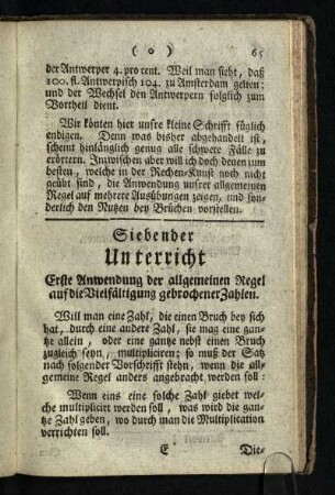Siebender Unterricht: Erste Anwendung der allgemeinen Regel auf die Vielfaeltigung gebrochener Zahlen