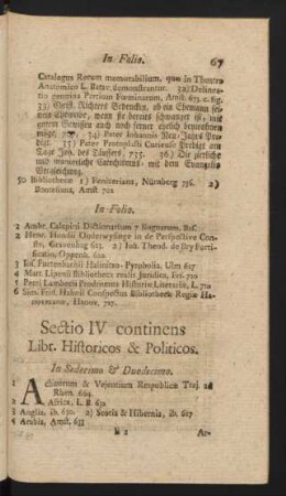 Sectio IV continens Libr. Historicos & Politicos.