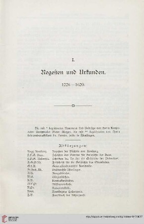 I. Regesten und Urkunden 1226-1620