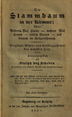 Der Stammbaum in der Klemme, Oder: Mehrere Mal Hinein - mehrere Mal Heraus - endlich Garaus - und dennoch ein Hochzeitschmauß : Original- Ritter- und Geistergeschichte der neuesten Zeit