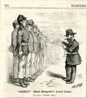 "Here!" (New Hampshire heared from.) The True "Military Ring." : Soldaten sind zum Rapport angetreten und melden sich bei General Grant