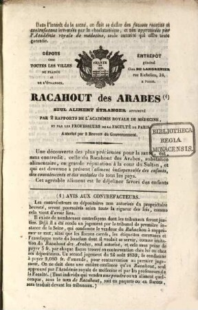Racahout des Arabes seul aliment étranger