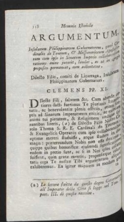 Argumentum. Insularum Philippiarum Gubernatorem, quod Cardinalis de Tournon ... Dilecto Filio, comiti de Lizarraga, ... Clemens PP. XI.