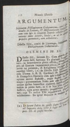 Argumentum. Insularum Philippiarum Gubernatorem, quod Cardinalis de Tournon ... Dilecto Filio, comiti de Lizarraga, ... Clemens PP. XI.