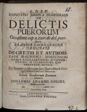 Disputatio Iuridica Inauguralis De Delictis Puerorum Occasione cap. 2. extr. de del. puer.