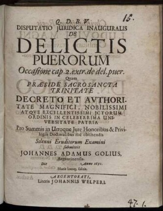 Disputatio Iuridica Inauguralis De Delictis Puerorum Occasione cap. 2. extr. de del. puer.