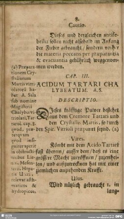 Cap. III. Acidum Tartari Chalybeatum. A.S.