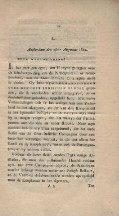 I. Amsterdam den 16den Augustus 1802