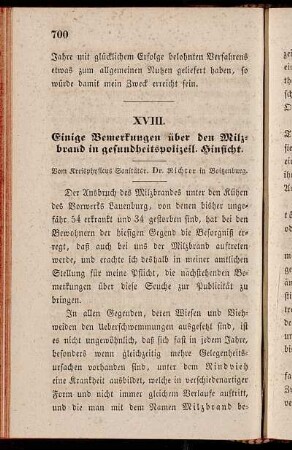 XVIII. Einige Bemerkungen über den Milzbrand in gesundheitspolizeil. Hinsicht