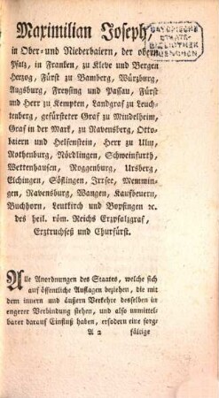 Neue Zoll- und Mautordnung für die Churpfalzbaierischen Provinzen Baiern, Neuburg, und der obern Pfalz