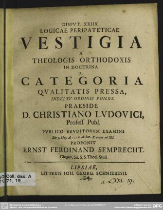 Disput. XXIIX. Logicae Peripateticae Vestigia A Theologis Orthodoxis In Doctrina De Categoria Qualitatis Pressa ...