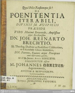 De Poenitentia Iterabili : Divinis sub Auspiciis
