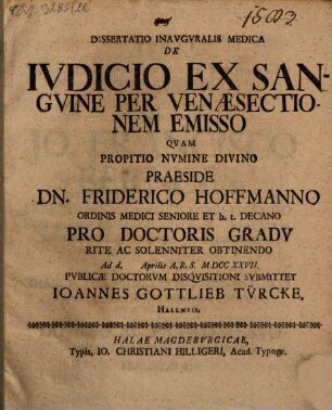 Dissertatio Inavgvralis Medica De Ivdicio Ex Sangvine Per Venaesectionem Emisso