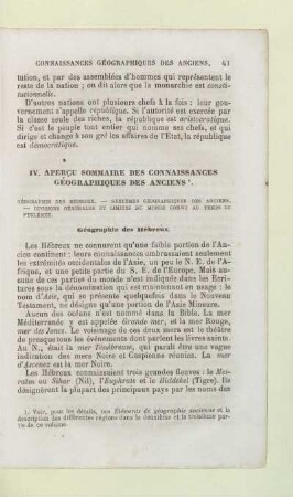 IV. Aperçu sommaire des connaissances géographiques des anciens