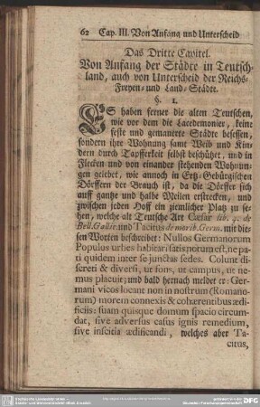 Das Dritte Capitel. Von Anfang der Städte in Teutschland, auch von Unterscheid der Reichs-Freyen- und Land-Städte