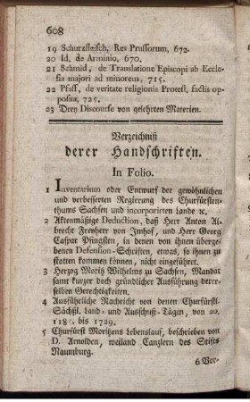 Verzeichniß derer Handschriften.