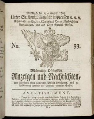No. 33. Montags, den 15ten Augusti 1763.