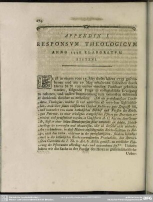 Appendix I. Responsum Theologicum Anno 1778 Elaboratum Sistens