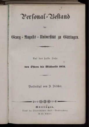 SS 1872: Personal-Bestand der Georg-Augusts-Universität zu Göttingen