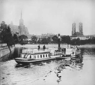 Breslau (poln. Wroclaw), Seitenraddampfschiff "Oder" vor der Dominsel mit Kreuzkirche und Dom