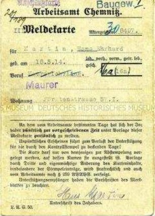 Meldekarte des Arbeitsamtes Chemnitz