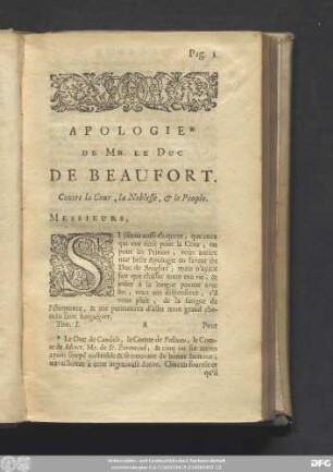 Apologie De Mr. Le Duc De Beaufort. Contre la Cour, la Noblesse, & le Peuple.