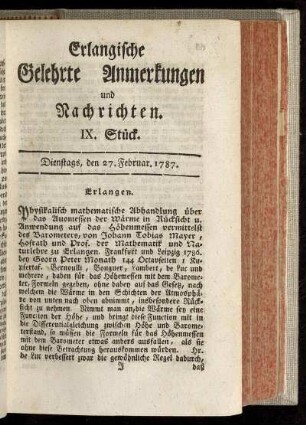 IX. Stück. Dienstags, den 27. Februar. 1787.