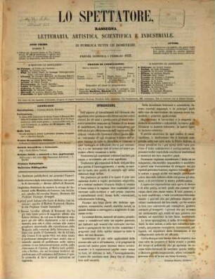 Lo Spettatore : rassegna letteraria, artística, scientifica e industriale, 1. 1855