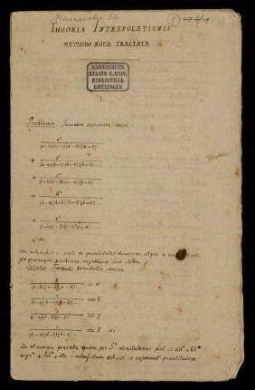 Theoria interpolationis methodo nova tractata (Manuskripttitel), o.D.