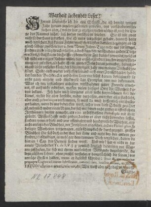 Warheit liebender Leser!