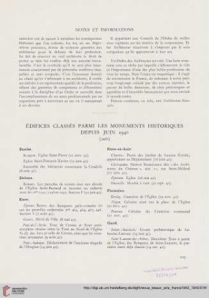 Édifices classés parmi les monuments historiques depuis Juin 1940
