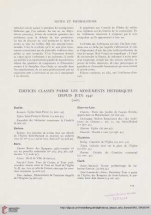 Édifices classés parmi les monuments historiques depuis Juin 1940
