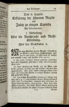 Das II. Capitel. Erklärung der schweren Regeln und Zusatz zu einigen Capiteln der Grammaire.